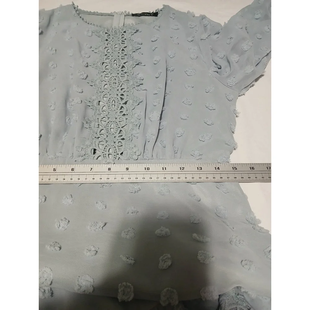 Simplee Light Blue Swiss Dot Crochet Lace Mini Dress Long Sleeve Size L - Picture 7 of 9